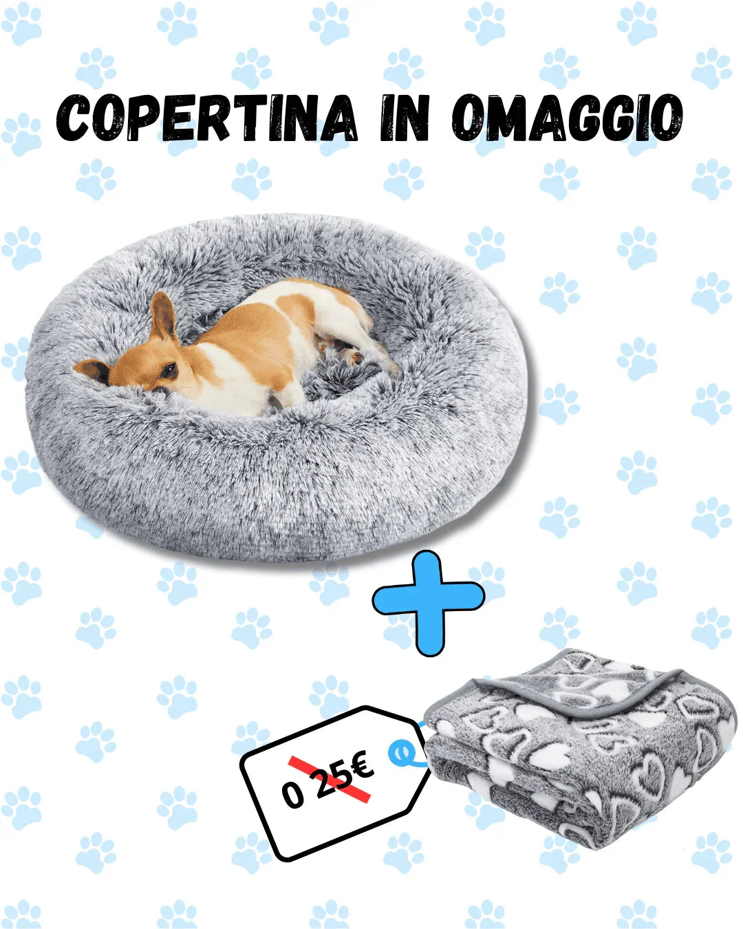 Small dog resting in gray fluffy round pet bed with free gray heart-patterned blanket offer