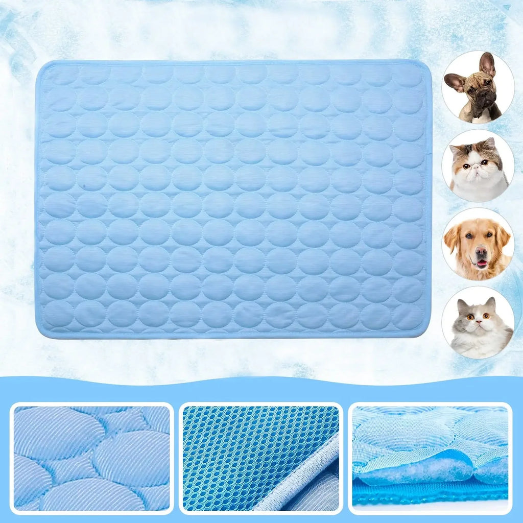 Blue cooling pet mat with circular quilted design for dogs and cats, showing fabric texture and mesh backing