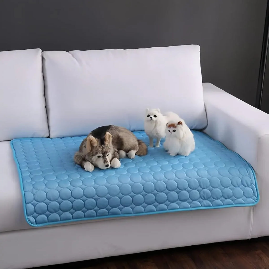 White sofa with a blue quilted pet mat and realistic plush toys of a dog and two cats